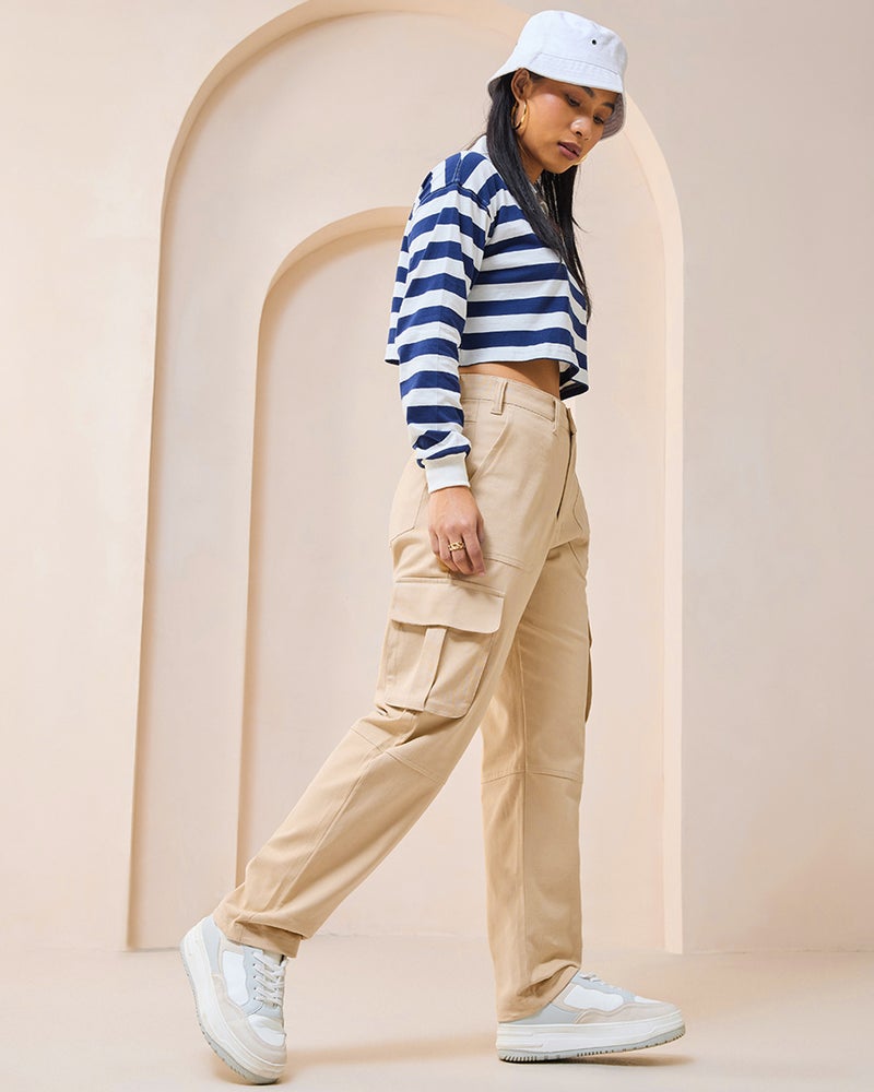 bewakoof Women's Brown Straight Cargo Pants - Image 4
